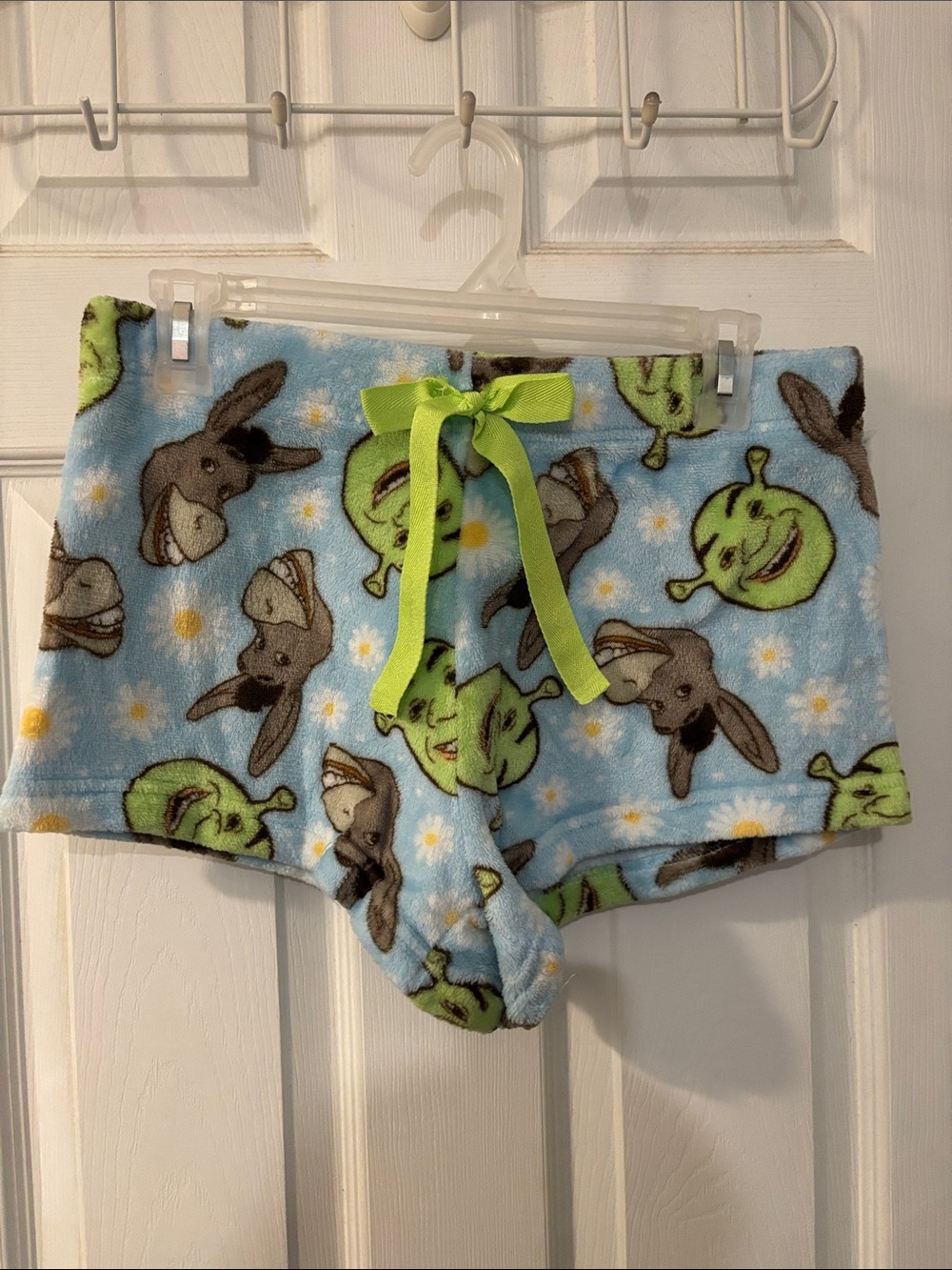 Shrek & Donkey Blue Fleece Girls' Lounge Shorts with Lime Tie